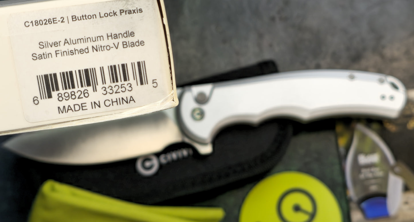 Civivi Praxis Button Lock Silver Aluminum Nitro-V Drop Point Plain Edge (USED)