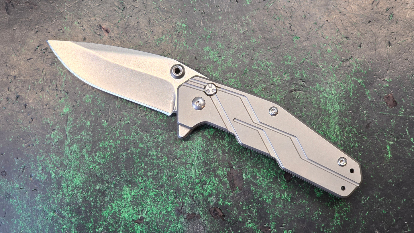 Kershaw 3810 Dimension Assisted Flipper 3" Stonewashed Blade, Titanium Handles, Button Lock (NEW - OPEN BOX)