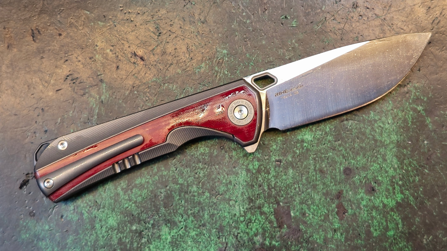TWOSUN TS419 Rihe Design Titanium/Red "LINEN" Micarta Handle D2 (NEW)