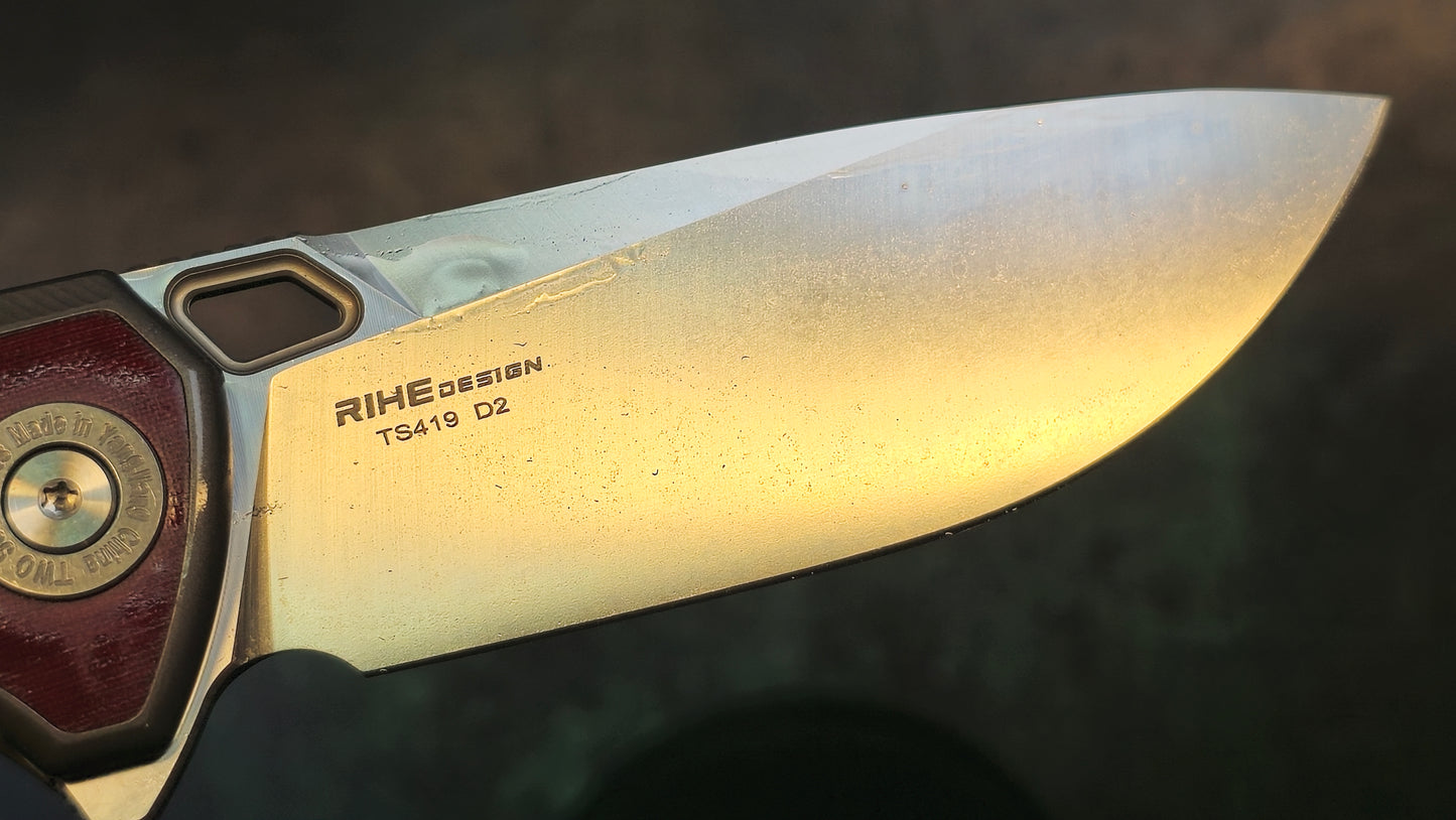 TWOSUN TS419 Rihe Design Titanium/Red "LINEN" Micarta Handle D2 (NEW)