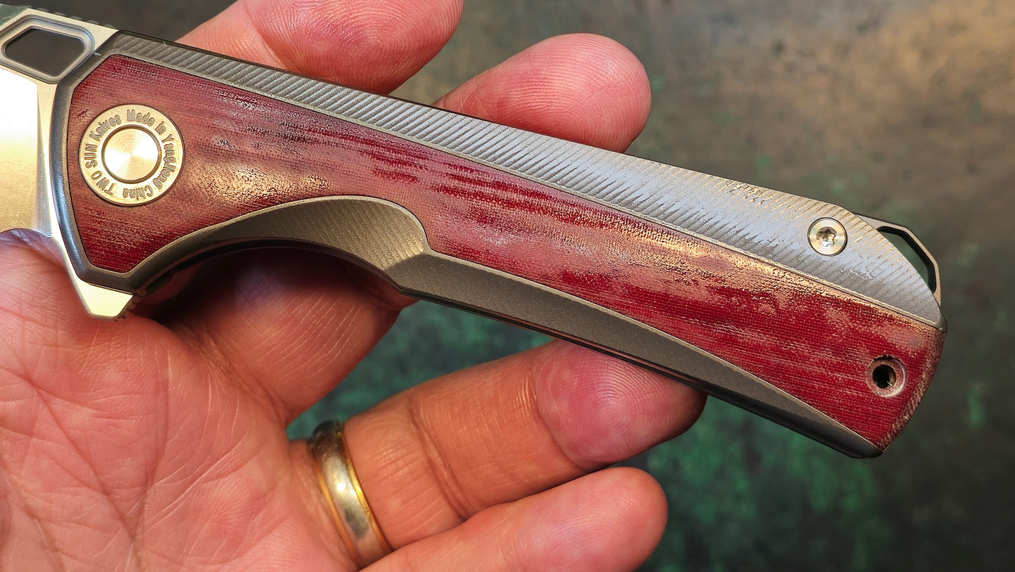 TWOSUN TS419 Rihe Design Titanium/Red "LINEN" Micarta Handle D2 (NEW)