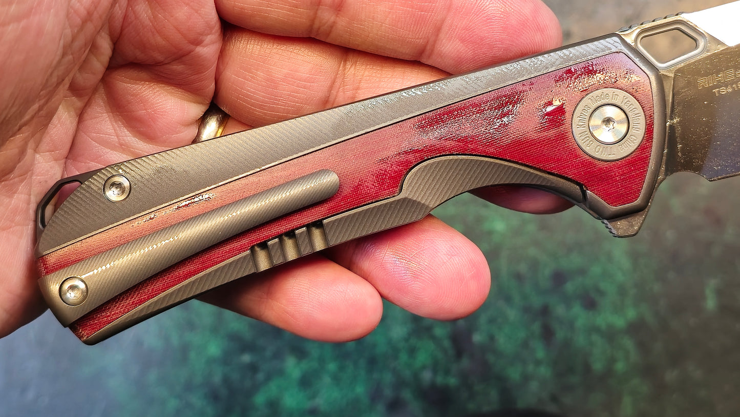 TWOSUN TS419 Rihe Design Titanium/Red "LINEN" Micarta Handle D2 (NEW)