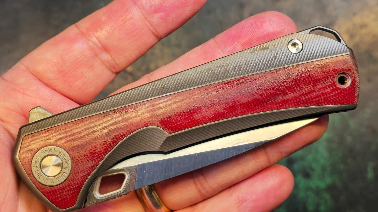 TWOSUN TS419 Rihe Design Titanium/Red "LINEN" Micarta Handle D2 (NEW)