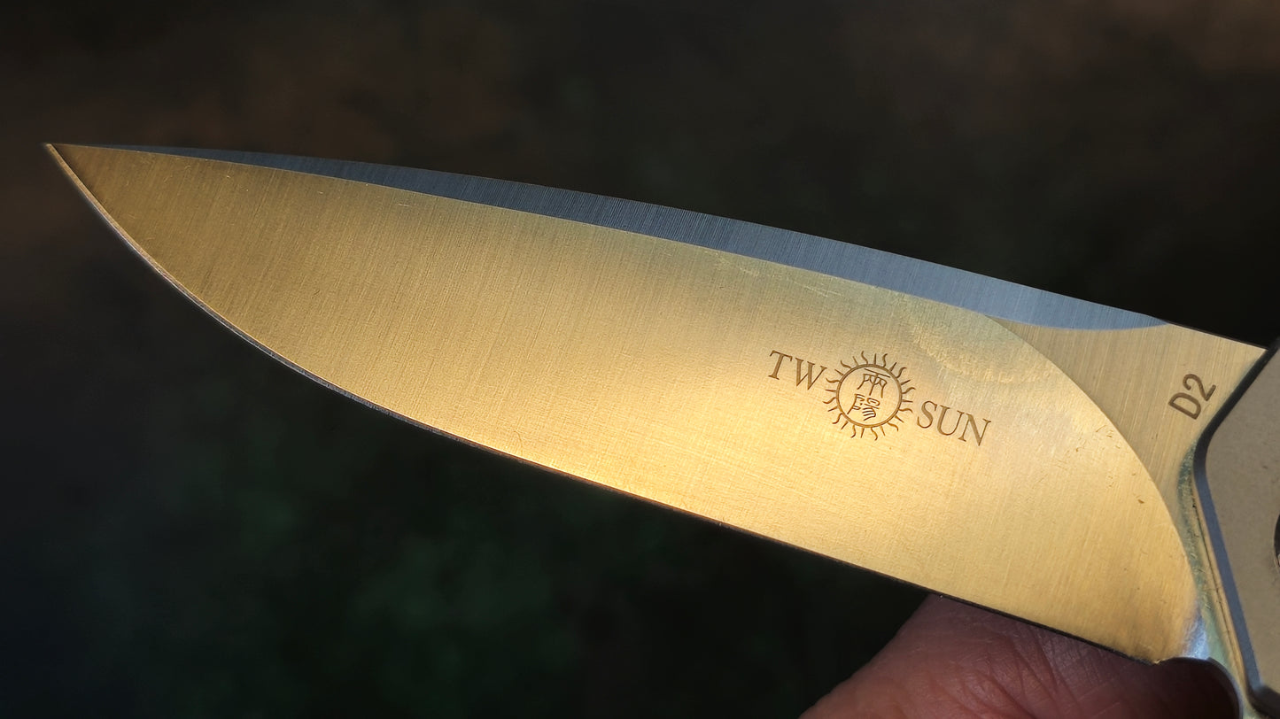 TwoSun TS21 Liner Lock Flipper Knife Gray Titanium Handle Plain D2 (NEW - OPEN BOX)