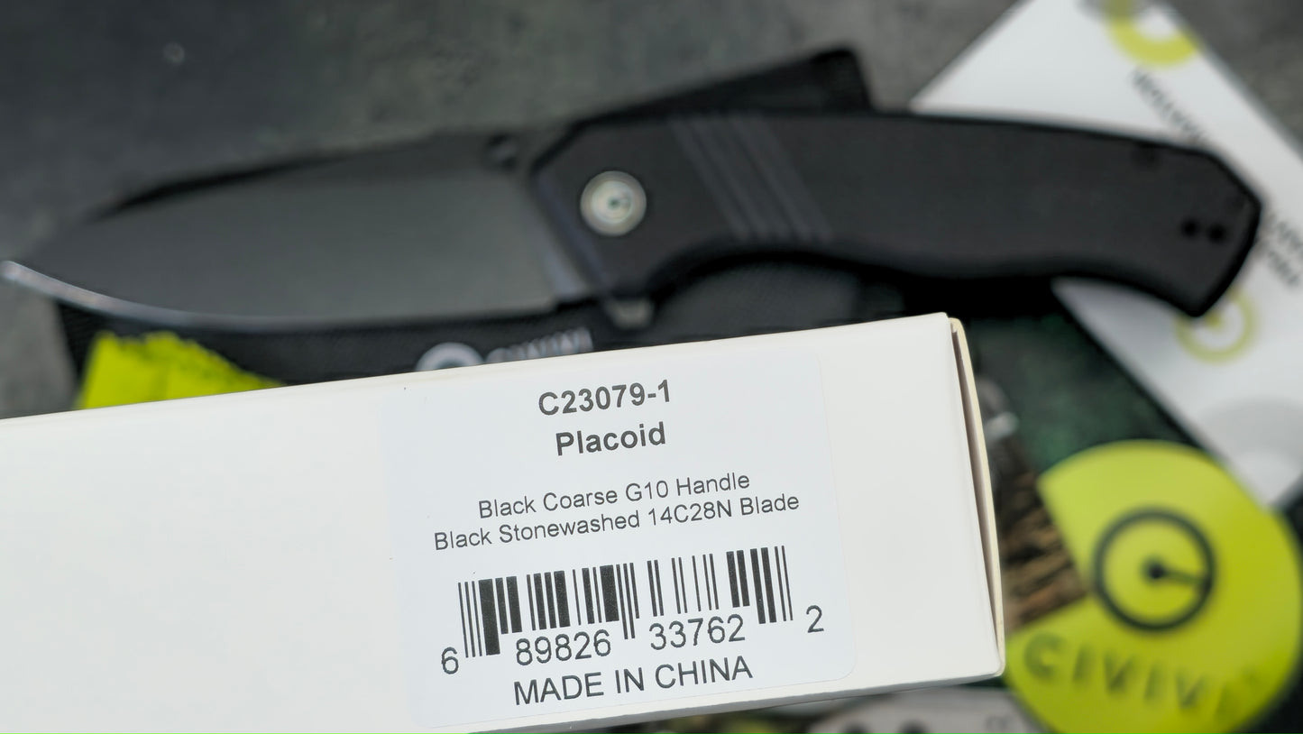 Civivi Placoid Folding Knife Black Coarse G10 Handle 14C28N Plain Edge Black Stonewash (NEW)