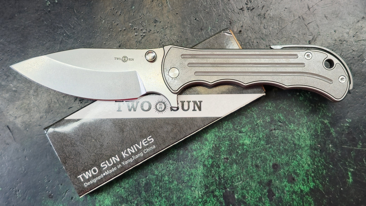 TwoSun TS458 Gray Titanium Handle ELMAX Plain Edge (NEW) (CLOSEOUT)