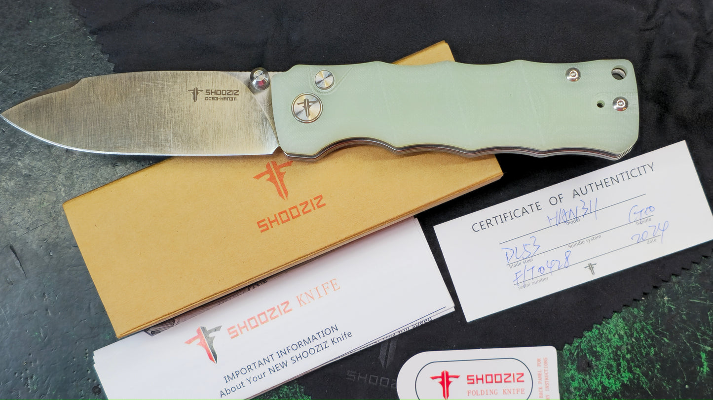 Shooziz HAN 311 Button Lock Jade G-10 DC53 (NEW)