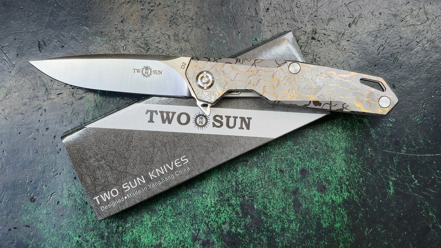 TwoSun TS21 Liner Lock Anoed - Lines Gray Titanium Handle Plain D2 (NEW)