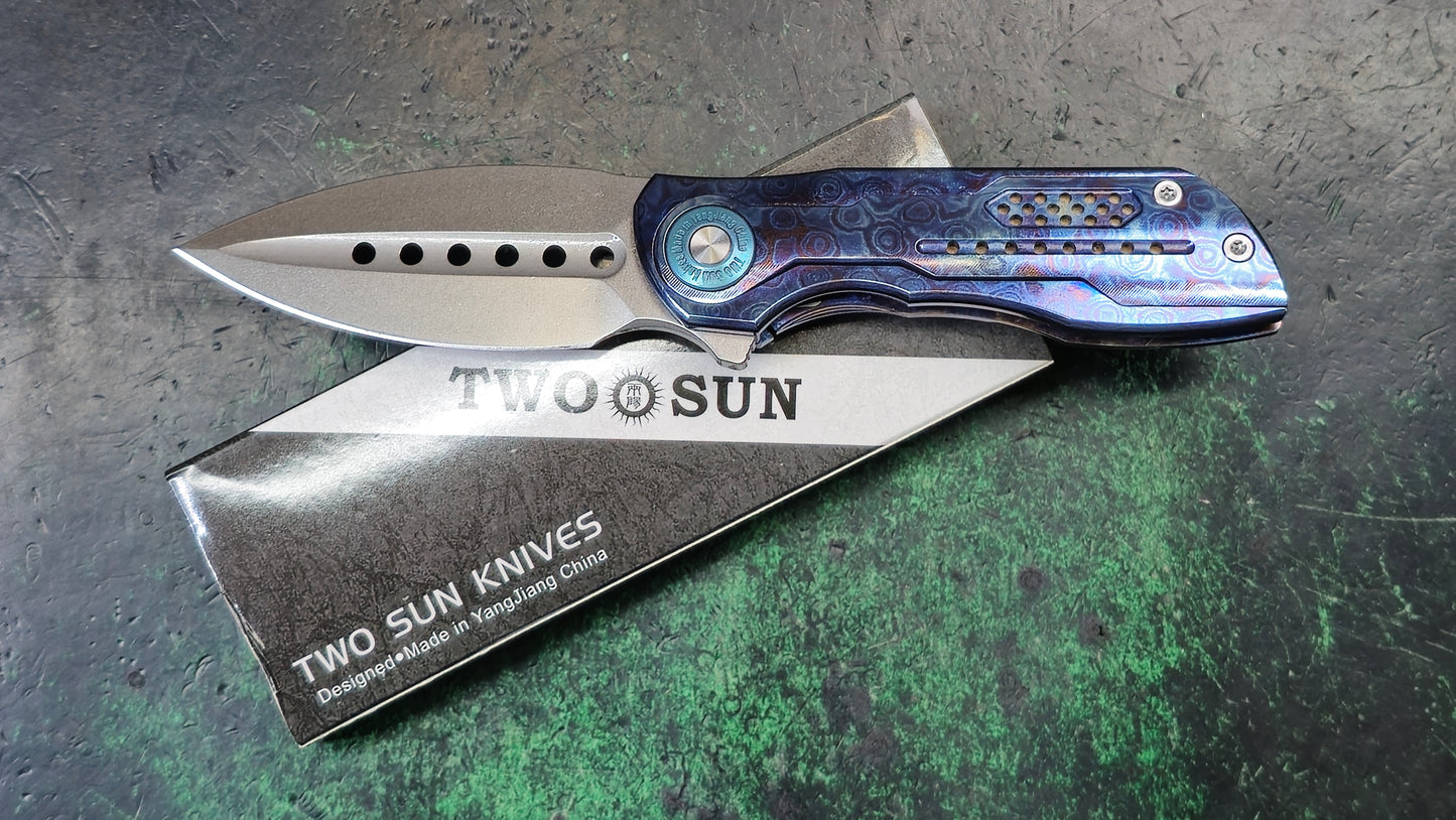 TWOSUN TS440 TITANIUM TIMASCUS HANDLE BOHLER M390 Blade (NEW) (NON-Returnable)