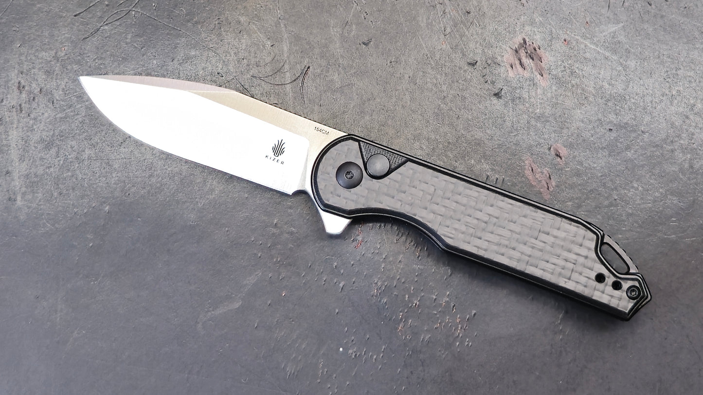 Kizer Assassin Pocket Knife, 3.04" 154CM Steel Blade, Black Carbon Fiber and G10 (NEW)