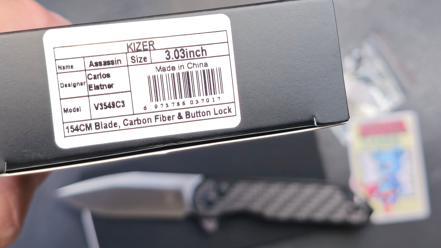 Kizer Assassin Pocket Knife, 3.04" 154CM Steel Blade, Black Carbon Fiber and G10 (NEW)