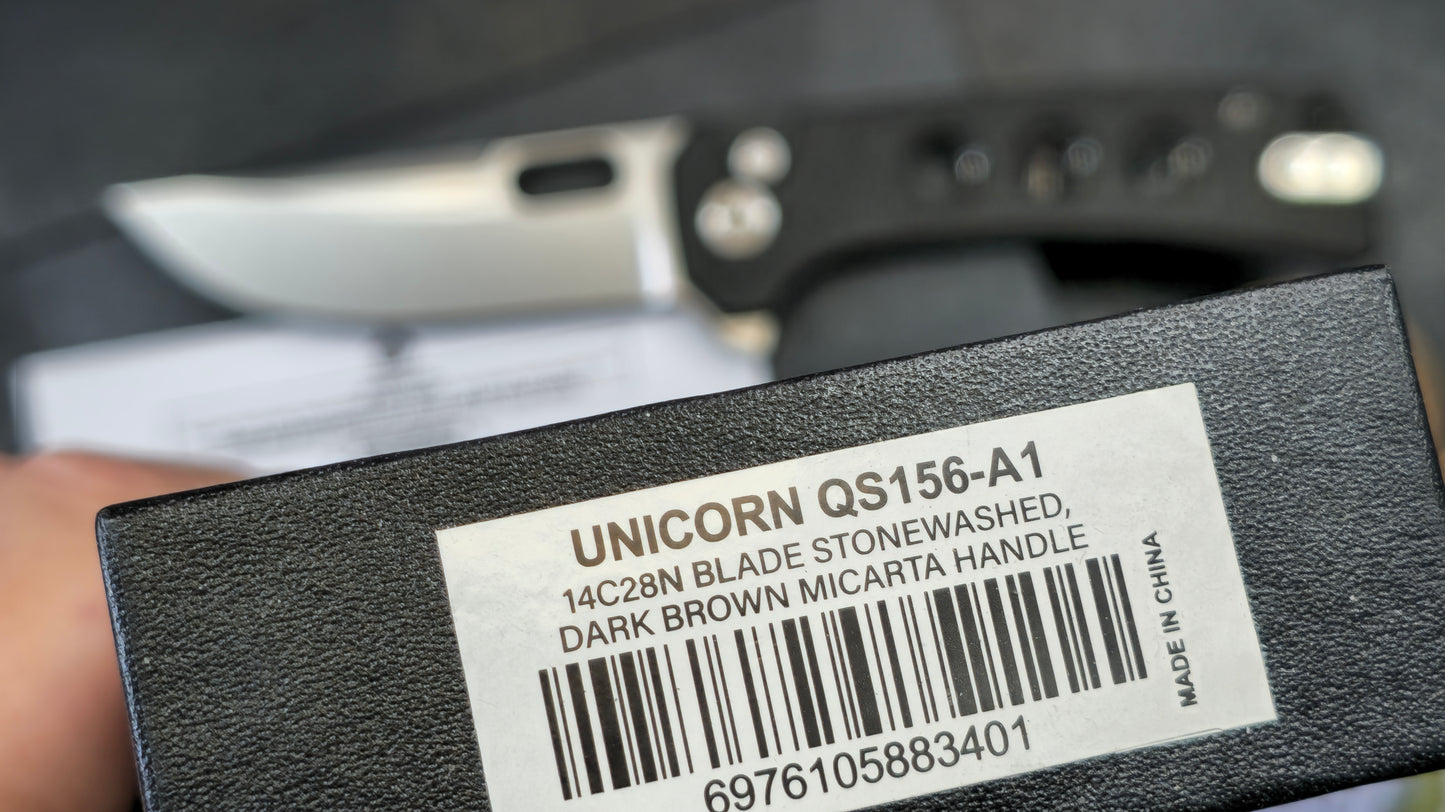 QSP Unicorn Button Lock Dark Brown Micarta Handle 14C28N (NEW)