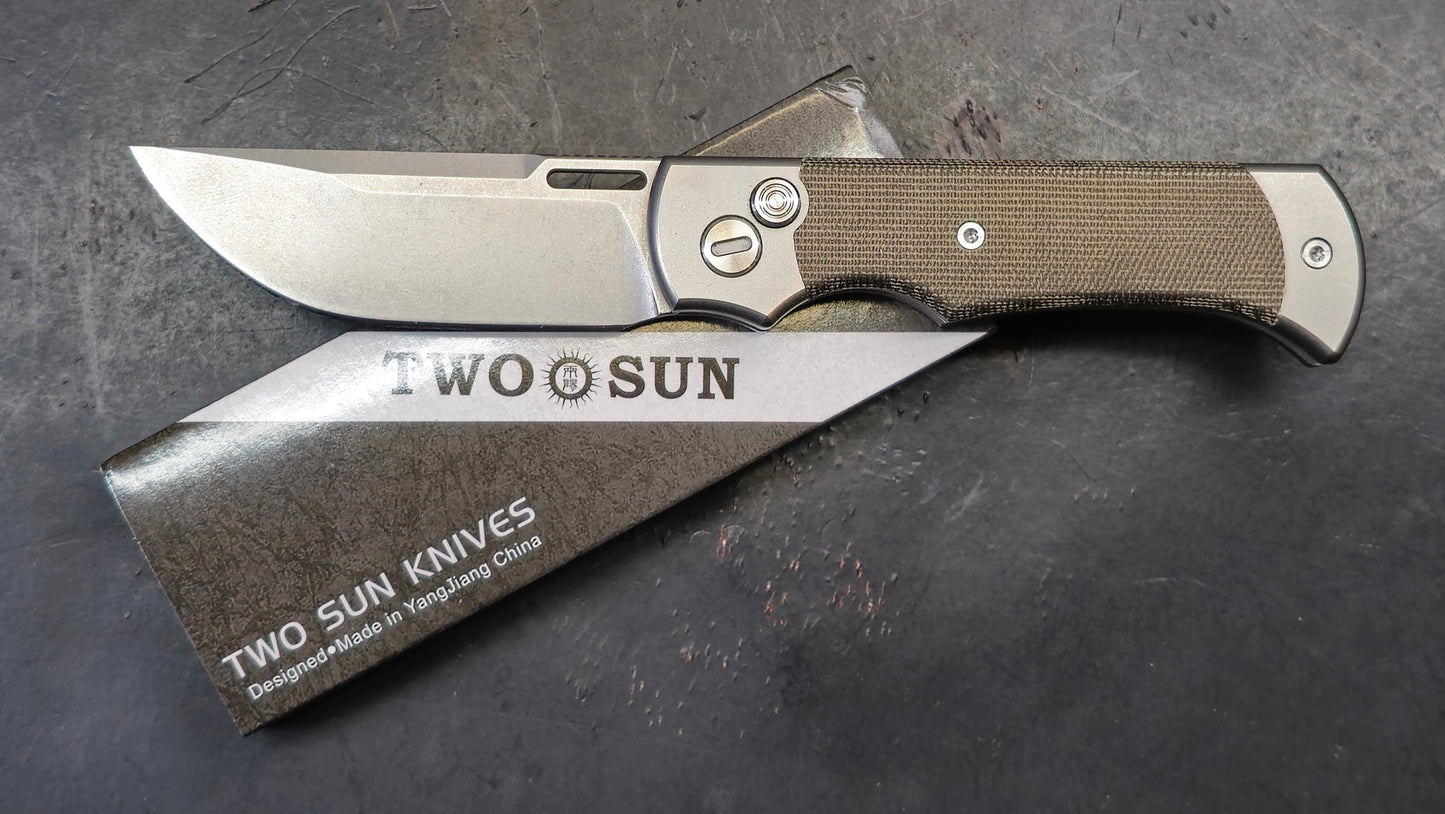 TWOSUN TS146 Button Lock Titanium Micarta D2 (NEW - OPEN BOX)