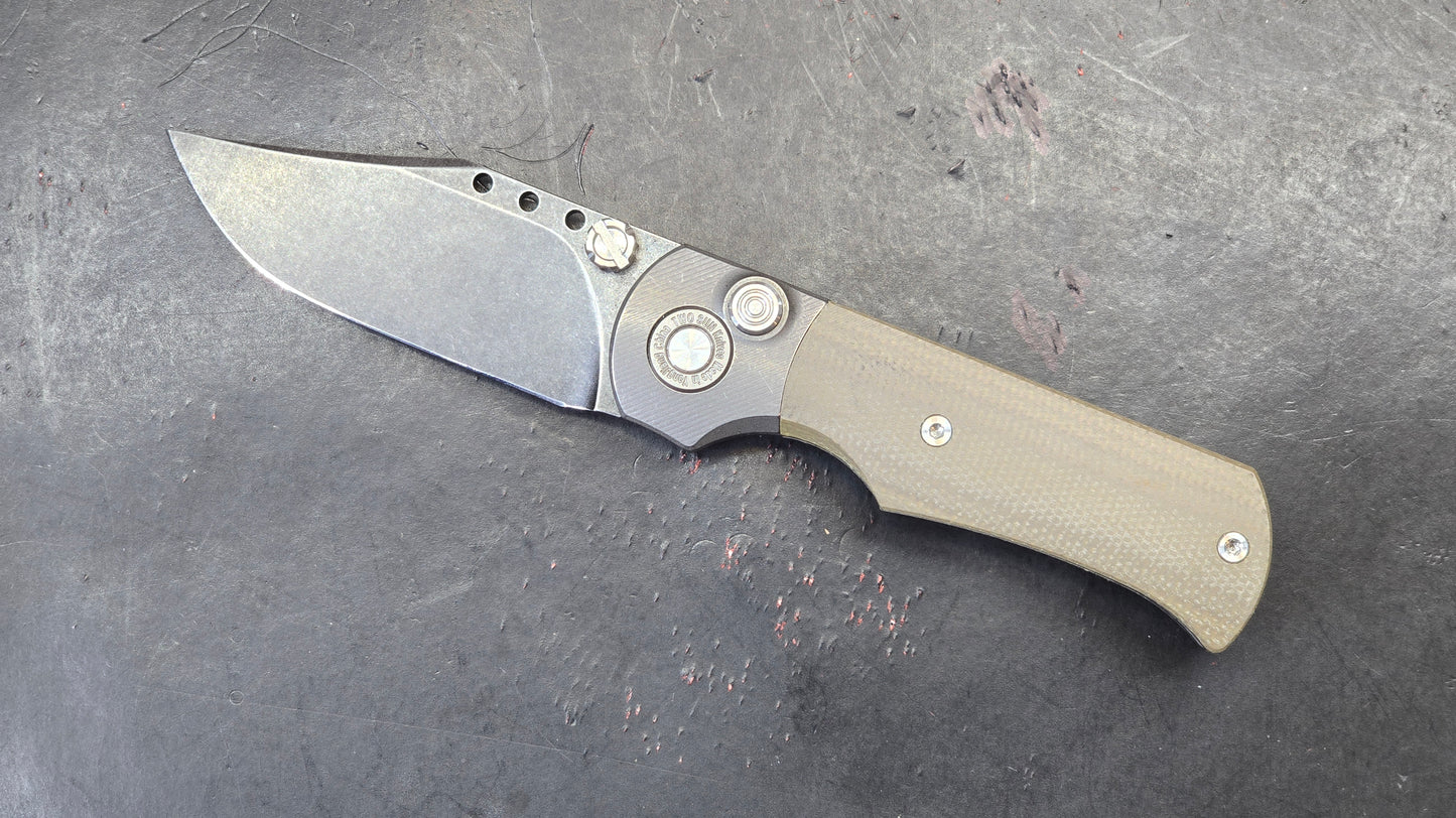 TwoSun Button Lock Pocket Knife Tan Micarta Titanium Handle D2 Plain Edge (NEW - OPEN BOX)
