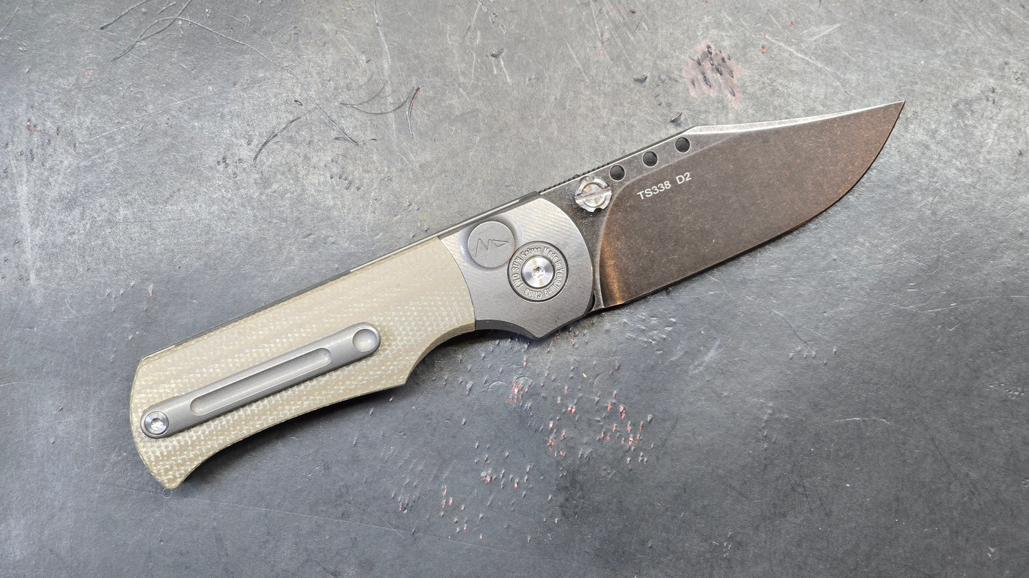 TwoSun Button Lock Pocket Knife Tan Micarta Titanium Handle D2 Plain Edge (NEW - OPEN BOX)