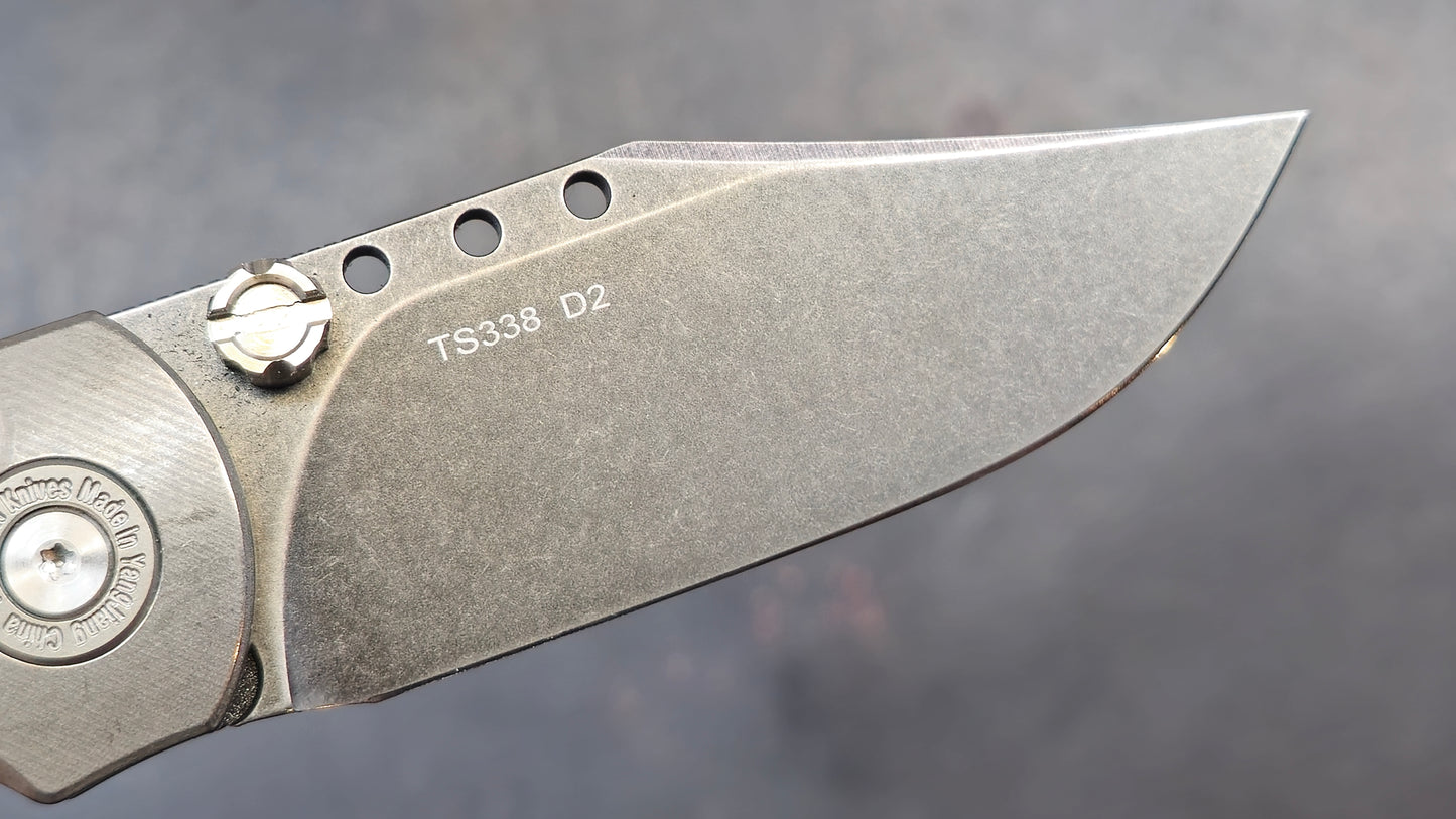 TwoSun Button Lock Pocket Knife Tan Micarta Titanium Handle D2 Plain Edge (NEW - OPEN BOX)