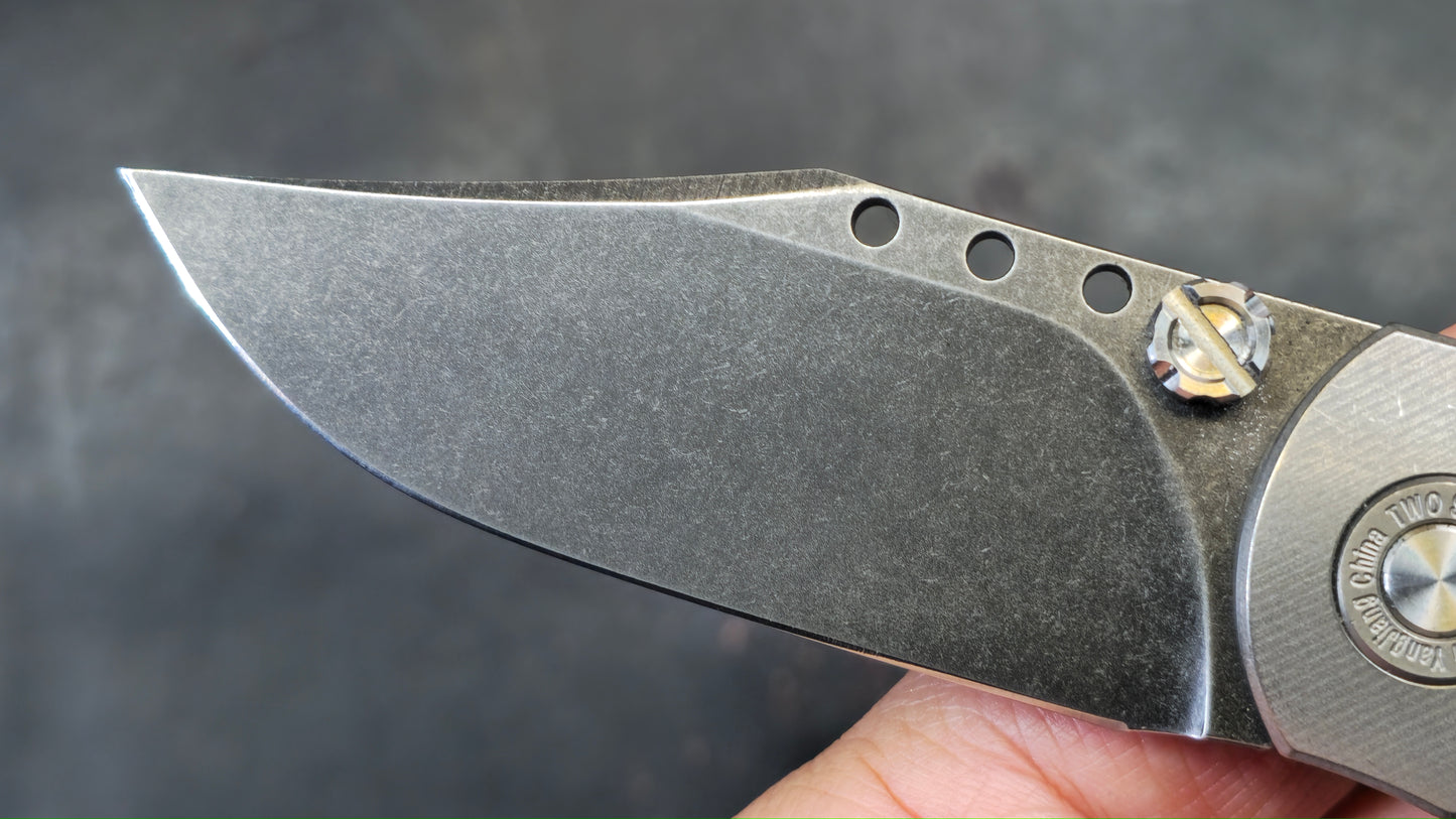 TwoSun Button Lock Pocket Knife Tan Micarta Titanium Handle D2 Plain Edge (NEW - OPEN BOX)