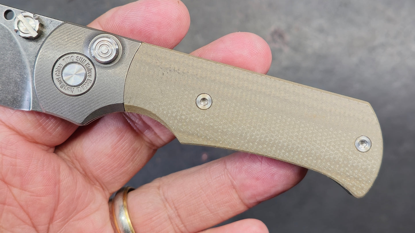 TwoSun Button Lock Pocket Knife Tan Micarta Titanium Handle D2 Plain Edge (NEW - OPEN BOX)