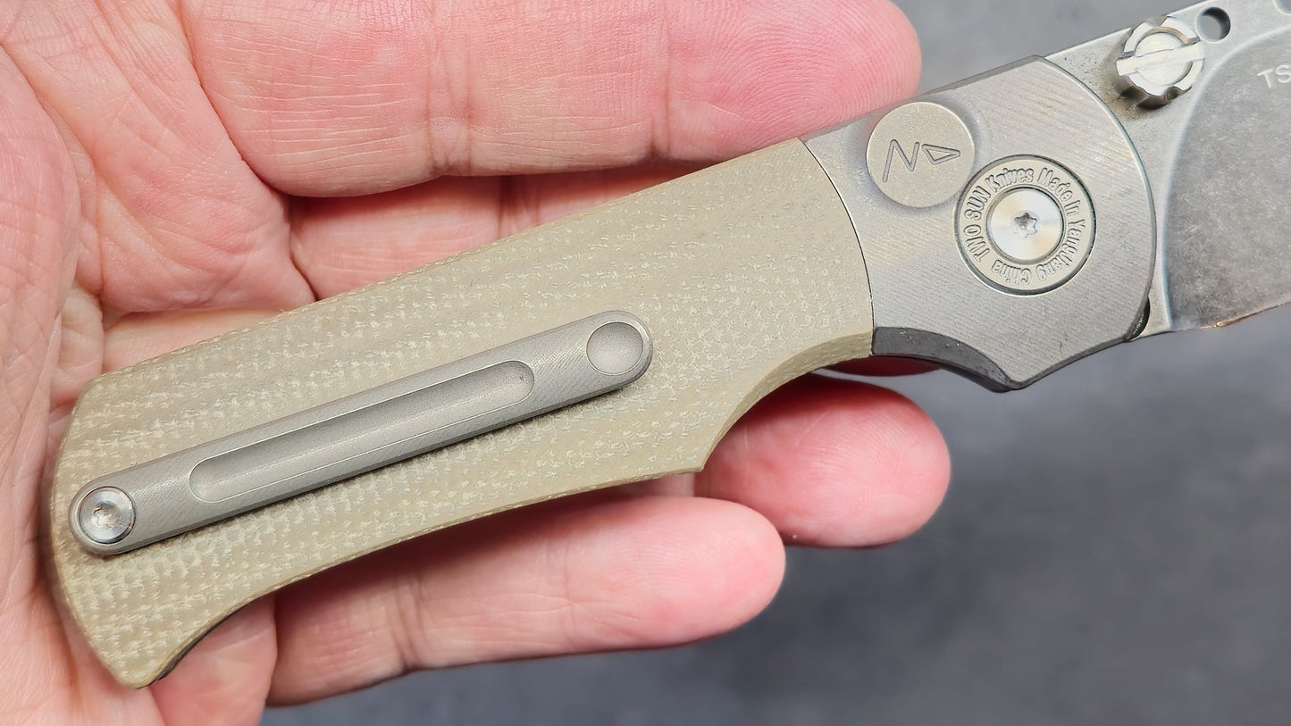 TwoSun Button Lock Pocket Knife Tan Micarta Titanium Handle D2 Plain Edge (NEW - OPEN BOX)