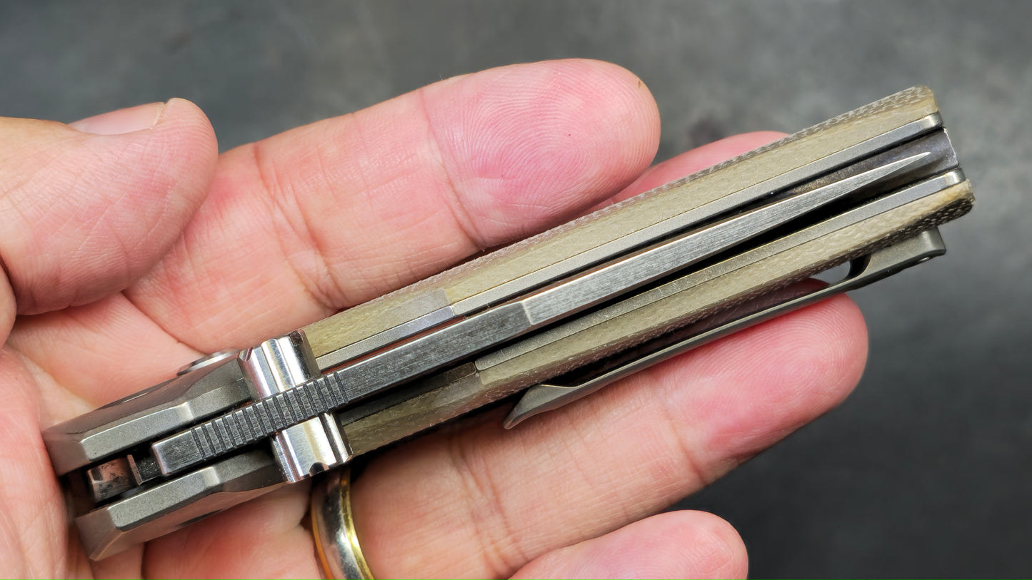 TwoSun Button Lock Pocket Knife Tan Micarta Titanium Handle D2 Plain Edge (NEW - OPEN BOX)