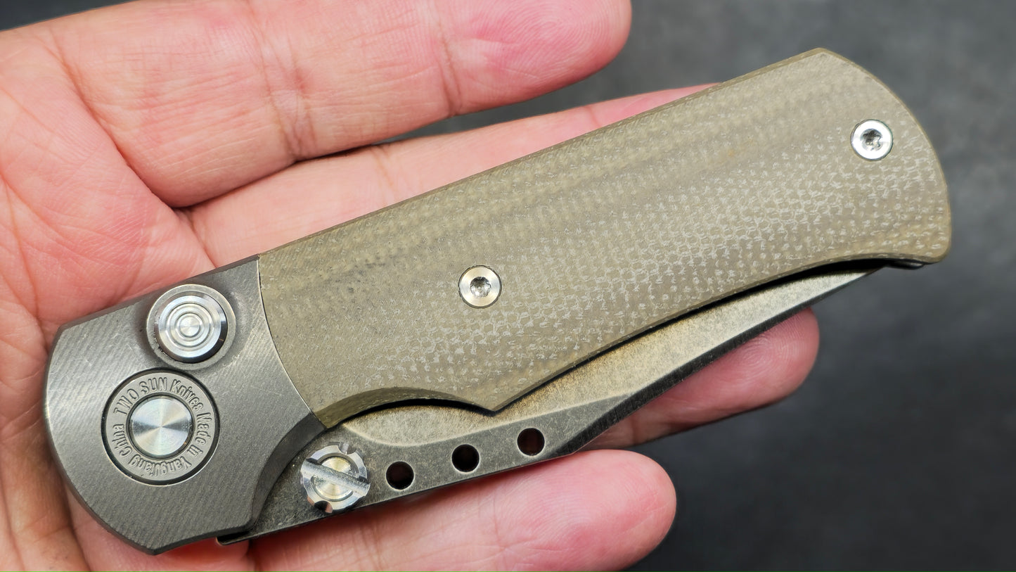 TwoSun Button Lock Pocket Knife Tan Micarta Titanium Handle D2 Plain Edge (NEW - OPEN BOX)