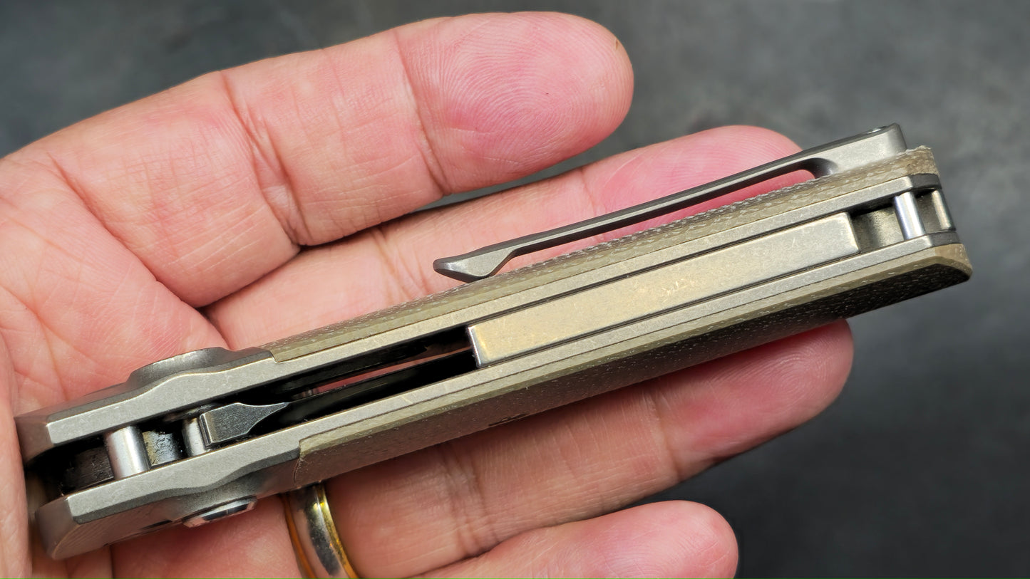 TwoSun Button Lock Pocket Knife Tan Micarta Titanium Handle D2 Plain Edge (NEW - OPEN BOX)