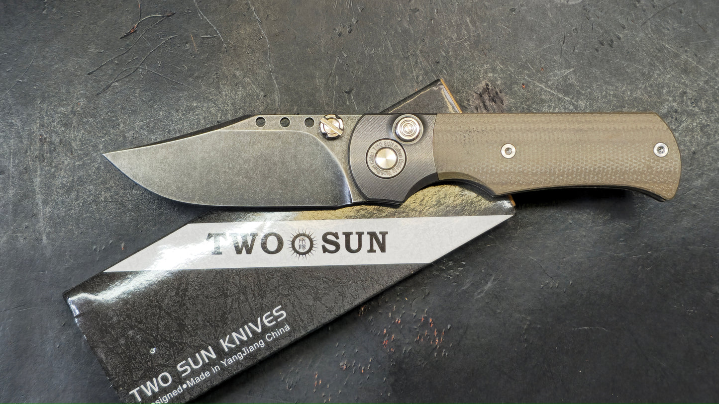 TwoSun Button Lock Pocket Knife Tan Micarta Titanium Handle D2 Plain Edge (NEW - OPEN BOX)