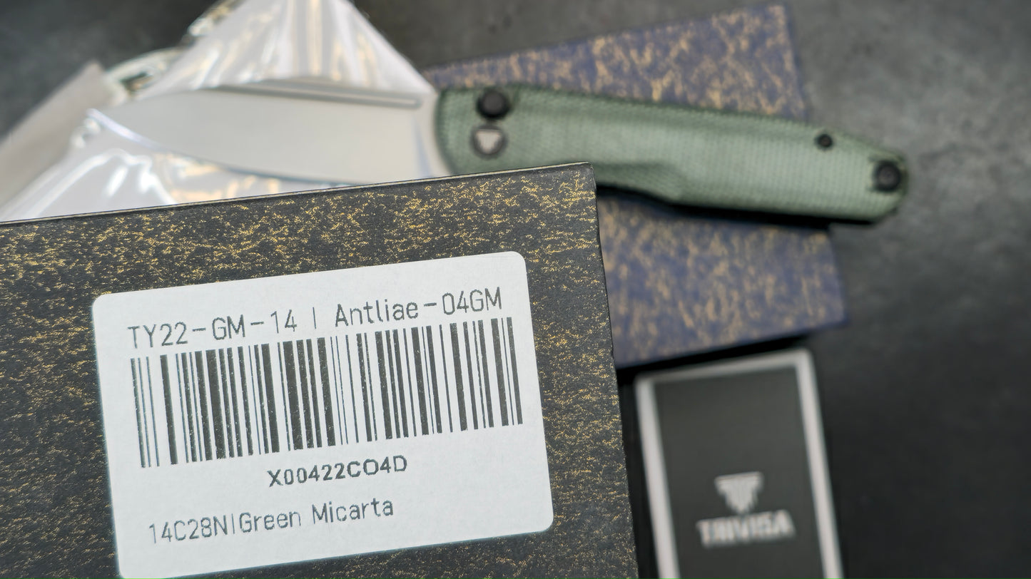 Trivisa Antliae-04GM Button Lock Folding Knife Green Micarta Handle 14C28N (NEW)