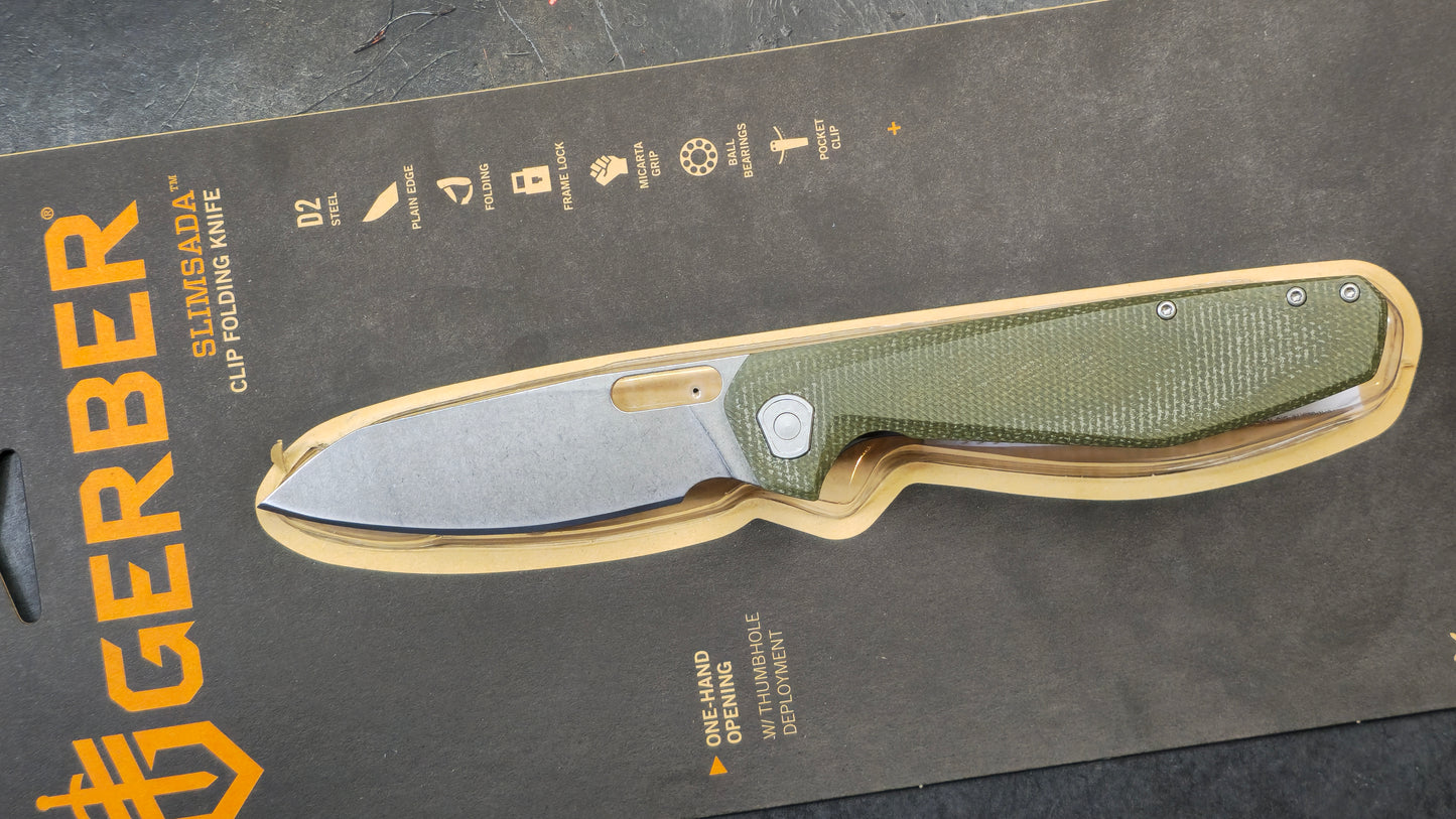Gerber Slimsada Framelock Folding Knife Olive Micarta Handle D2