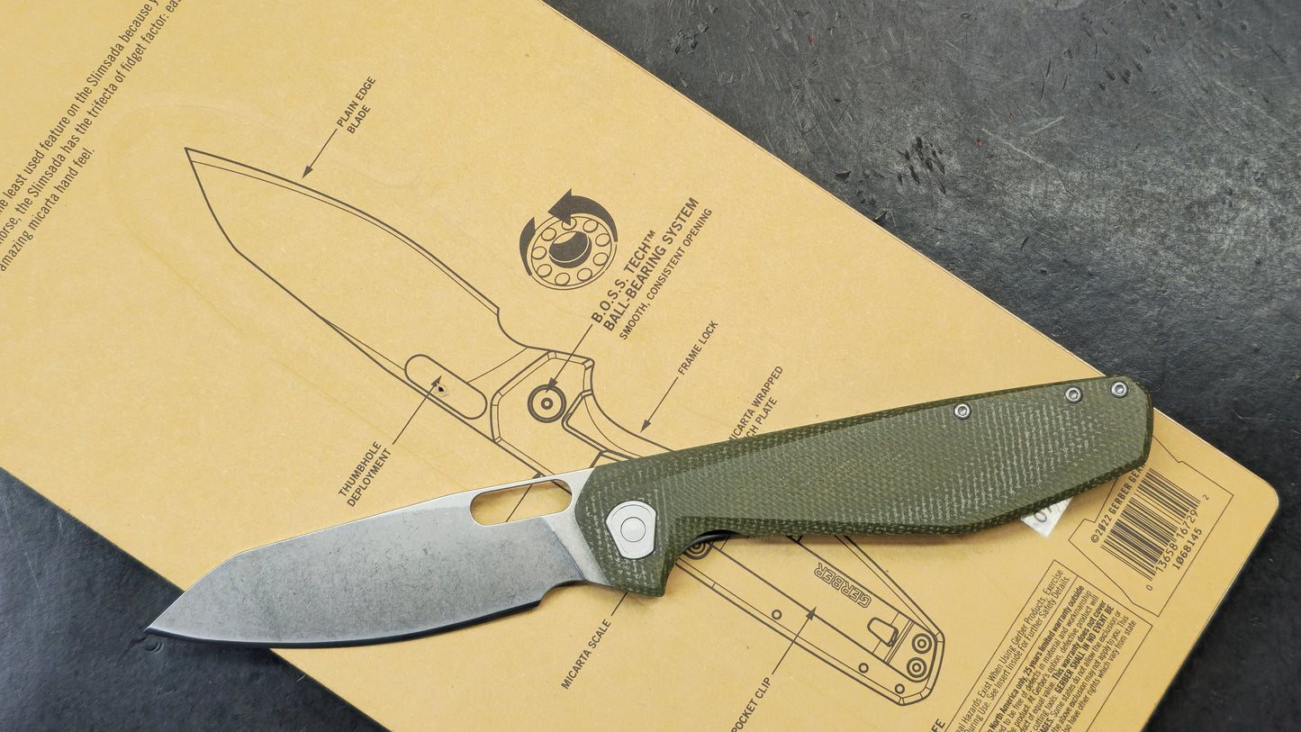 Gerber Slimsada Framelock Folding Knife Olive Micarta Handle D2