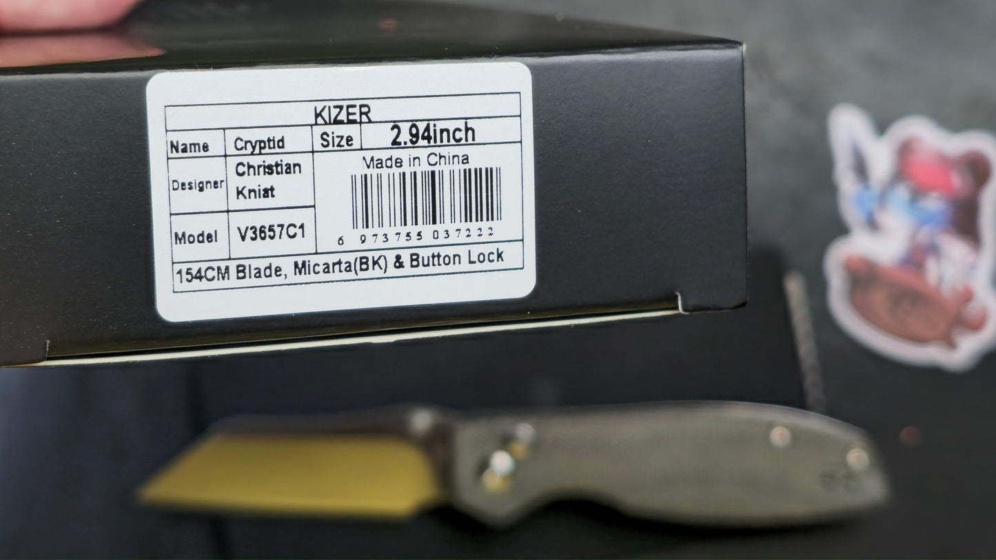 KIZER Cryptid Button Lock Black Micarta 2.9" Satin 154CM (NEW)