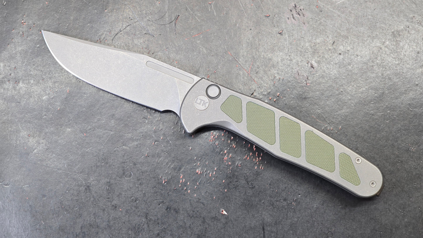 LTK REZULT Button Lock, Titanium Handle Green G10 Inlay 20CV (NEW)