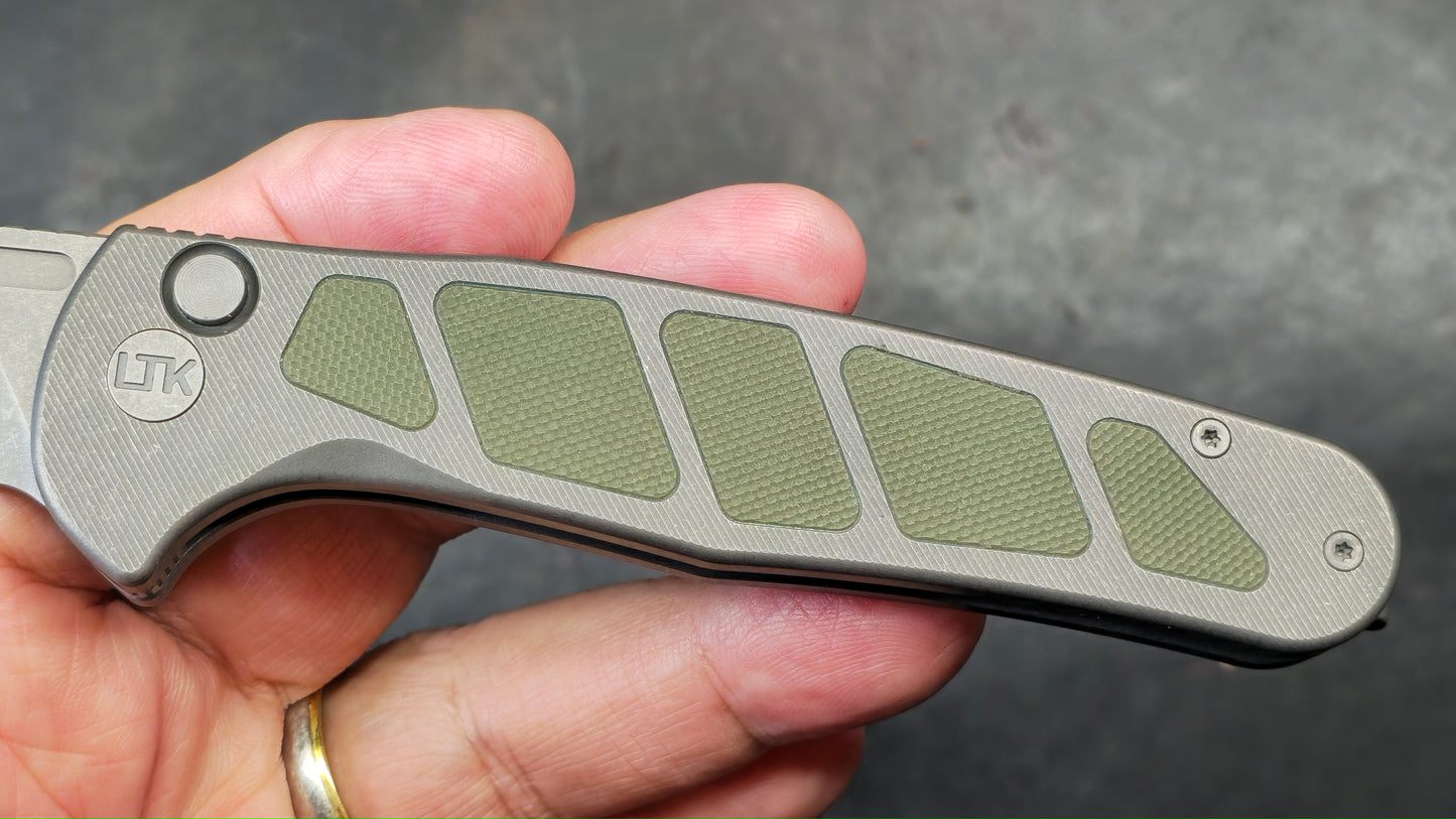 LTK REZULT Button Lock, Titanium Handle Green G10 Inlay 20CV (NEW)