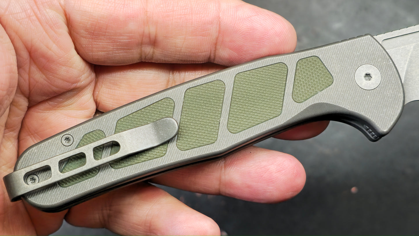LTK REZULT Button Lock, Titanium Handle Green G10 Inlay 20CV (NEW)