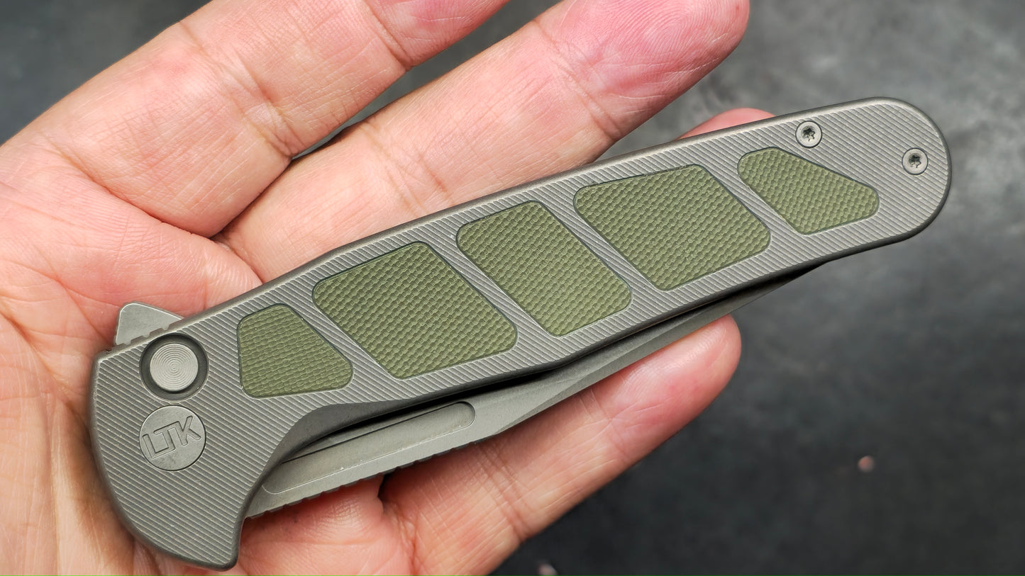 LTK REZULT Button Lock, Titanium Handle Green G10 Inlay 20CV (NEW)