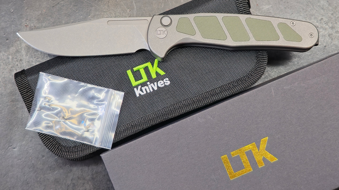 LTK REZULT Button Lock, Titanium Handle Green G10 Inlay 20CV (NEW)