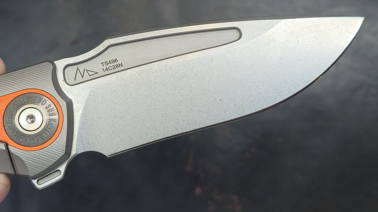 TWOSUN TS496 Titanium/Orange G10 Handle 14C28N (NEW)
