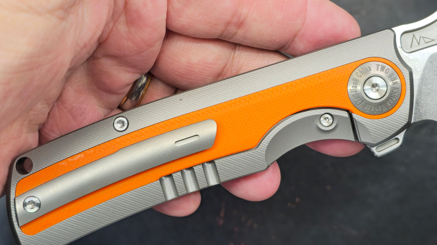 TWOSUN TS496 Titanium/Orange G10 Handle 14C28N (NEW)