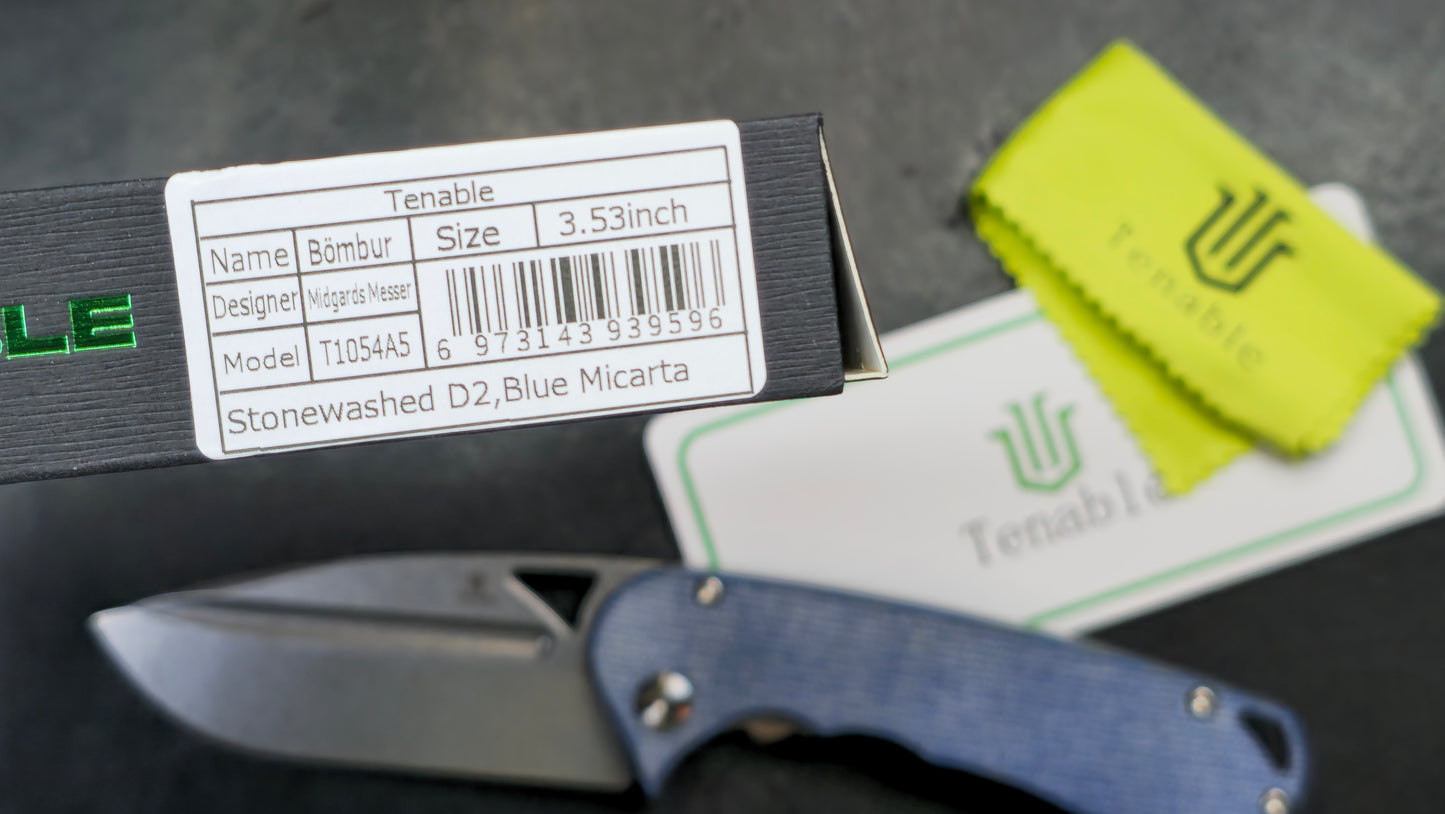Tenable Bömbur Blue Micarta (3.53'' Stonewashed D2 Blade) Midgards Messer Design (NEW)