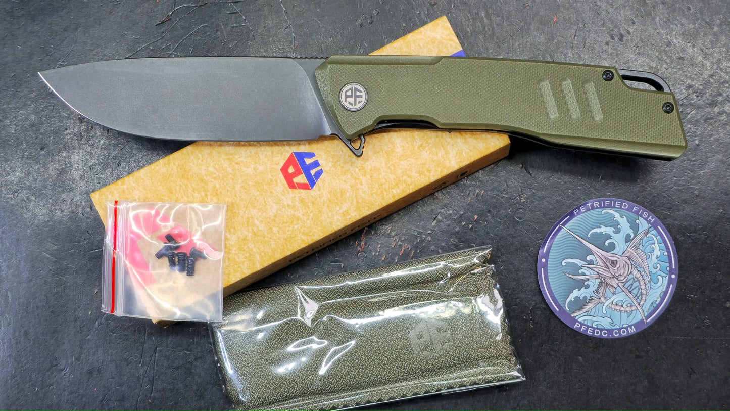 Petrified Fish Loco Flipper Pocket Knife Green G10 Handle D2 (NEW)