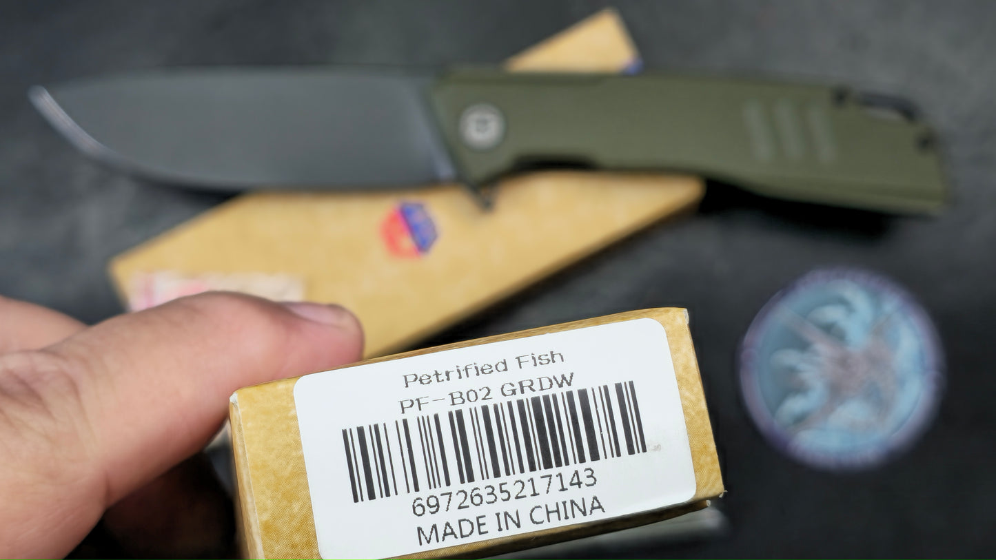 Petrified Fish Loco Flipper Pocket Knife Green G10 Handle D2 (NEW)