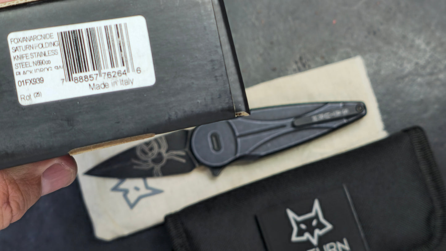 FOX Saturn FX-551 ALB 2.56" N690 Black Spear Point, Black Anodized Aluminum Handles, Slide Lock (NEW)