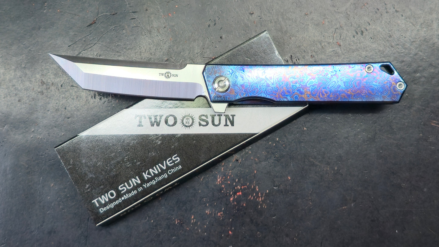 TWOSUN TS20 Timascus TITANIUM DAMASCUS HANDLE YJ01-V1 TANTO (NEW - OPEN BOX)