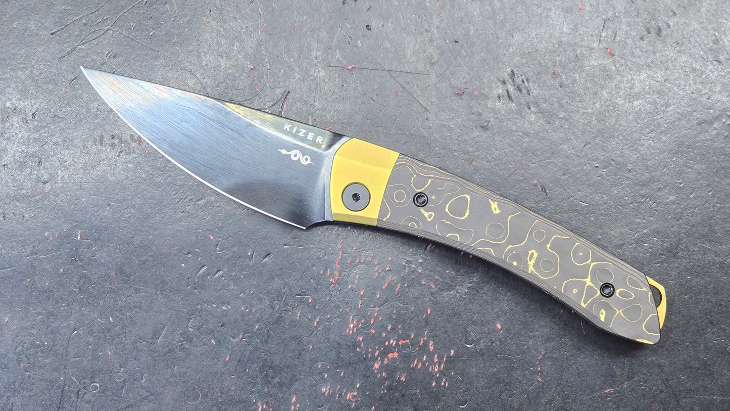 Kizer Mini MoMo Titanium/Fat Carbon Camo Gold Handle S90V (NEW)