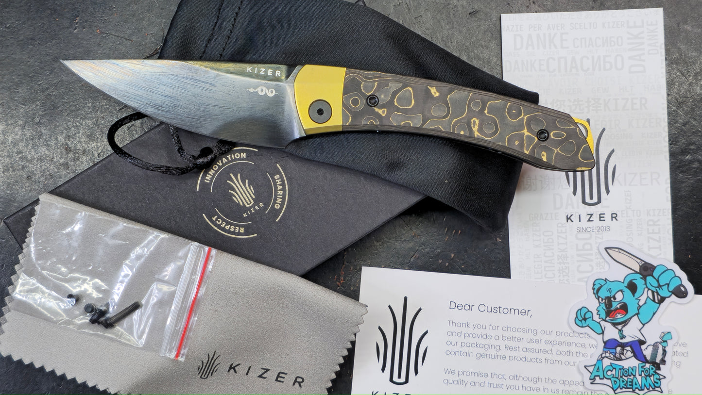 Kizer Mini MoMo Titanium/Fat Carbon Camo Gold Handle S90V (NEW)