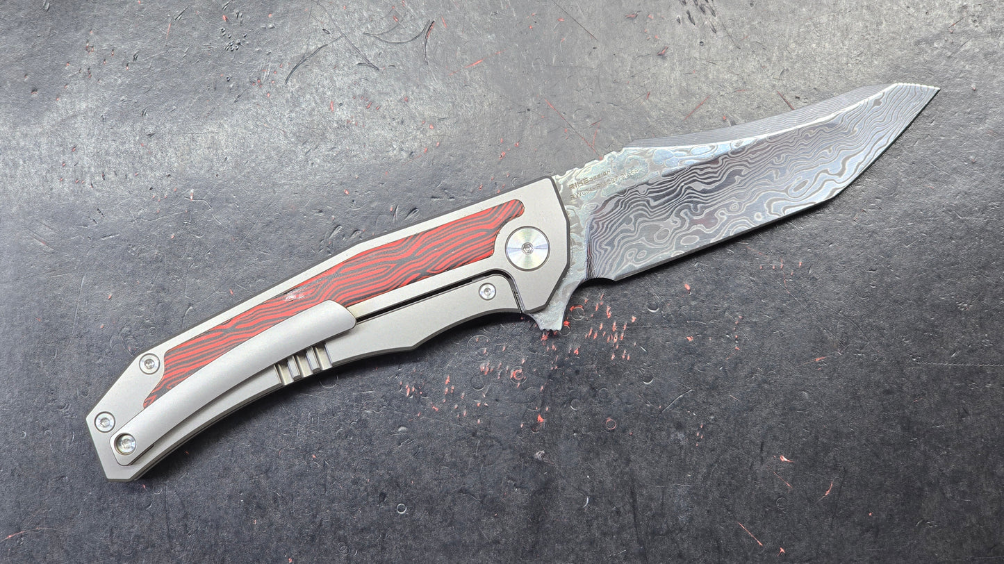 Sixleaf SL-64-RP Titanium/G10 Handle Red RWL34+PMC27 Damascus (NEW)