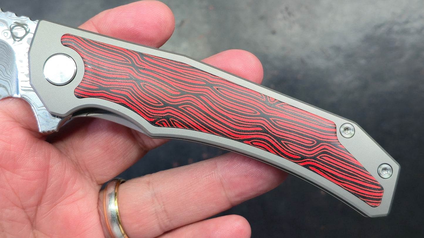 Sixleaf SL-64-RP Titanium/G10 Handle Red RWL34+PMC27 Damascus (NEW)