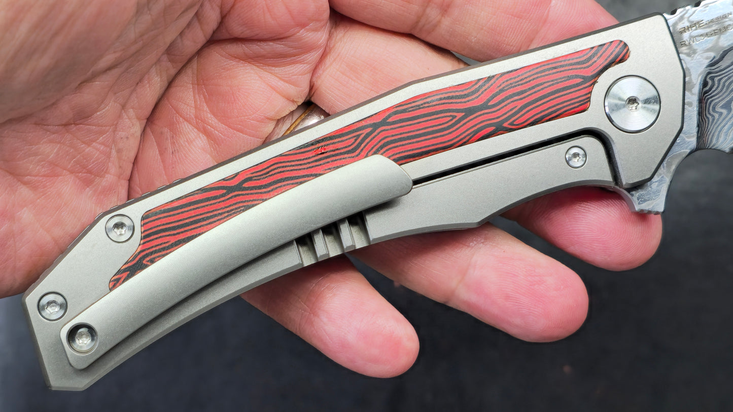 Sixleaf SL-64-RP Titanium/G10 Handle Red RWL34+PMC27 Damascus (NEW)