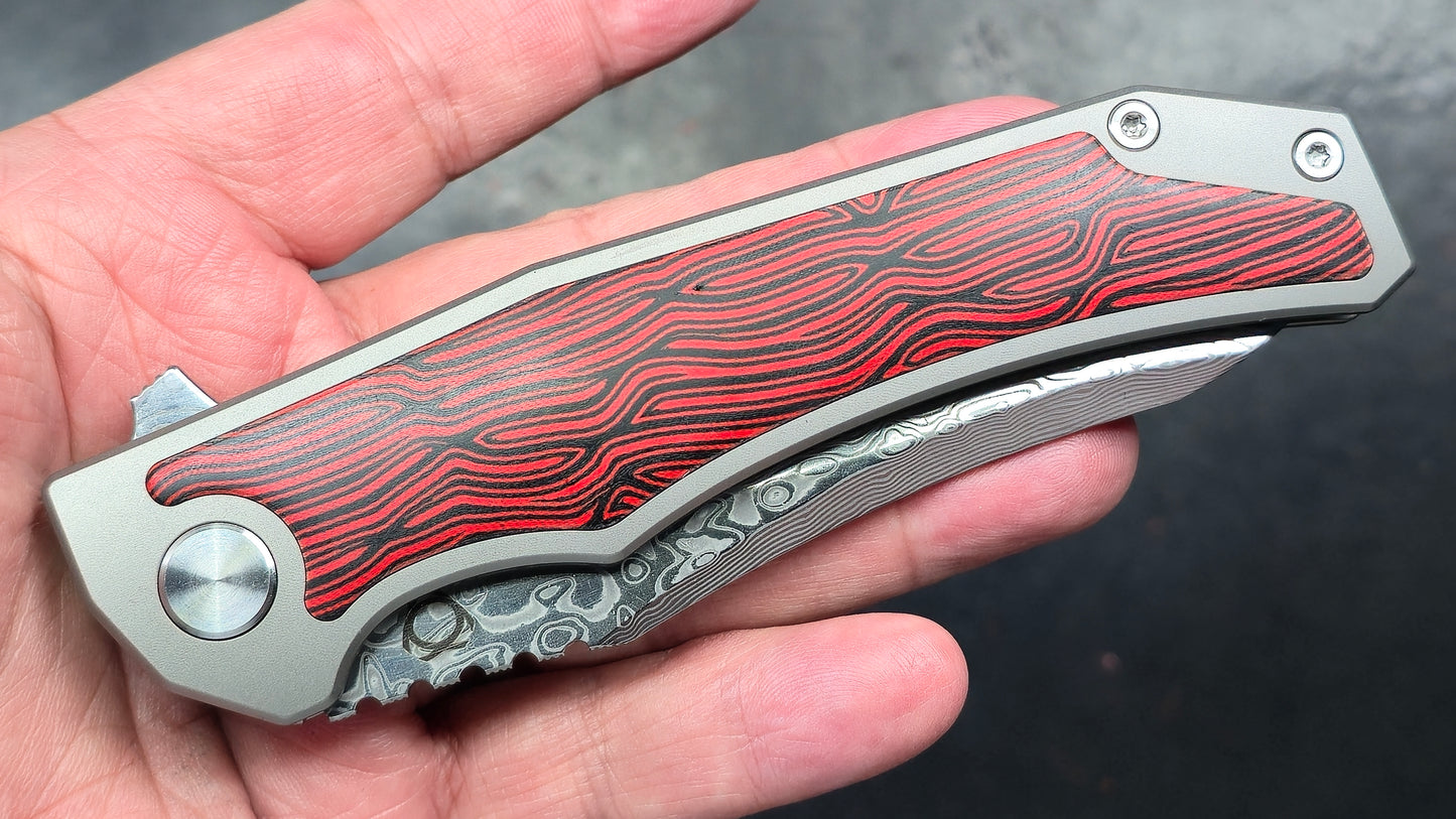 Sixleaf SL-64-RP Titanium/G10 Handle Red RWL34+PMC27 Damascus (NEW)