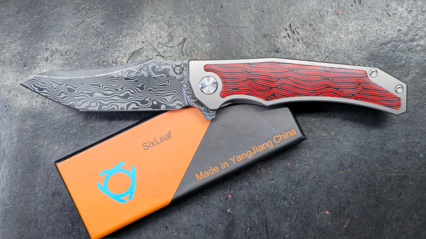 Sixleaf SL-64-RP Titanium/G10 Handle Red RWL34+PMC27 Damascus (NEW)